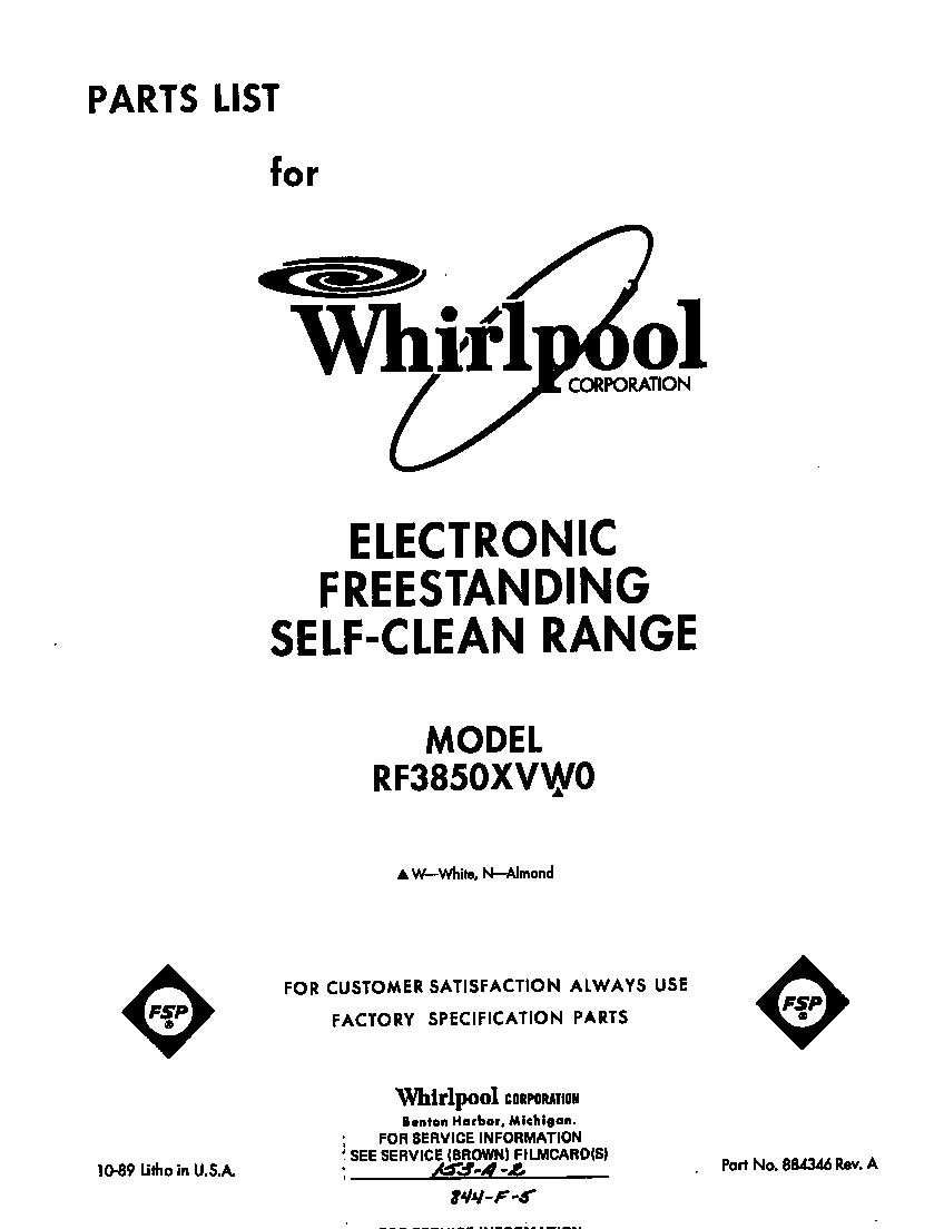 Whirlpool RF3850XVW0 front cover diagram
