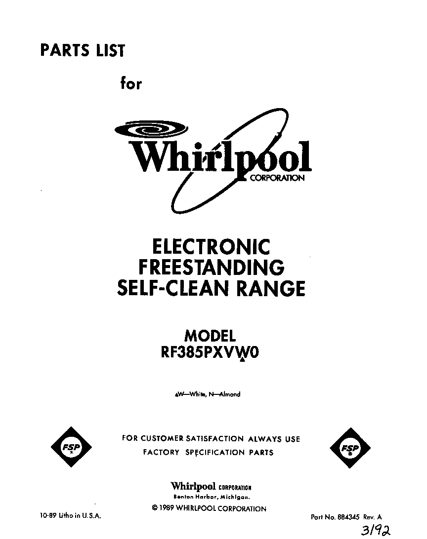 Whirlpool RF385PXVW0 front cover diagram