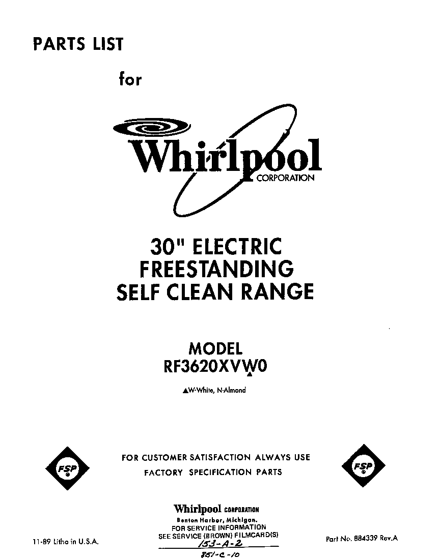 Whirlpool RF3620XVW0 front cover diagram