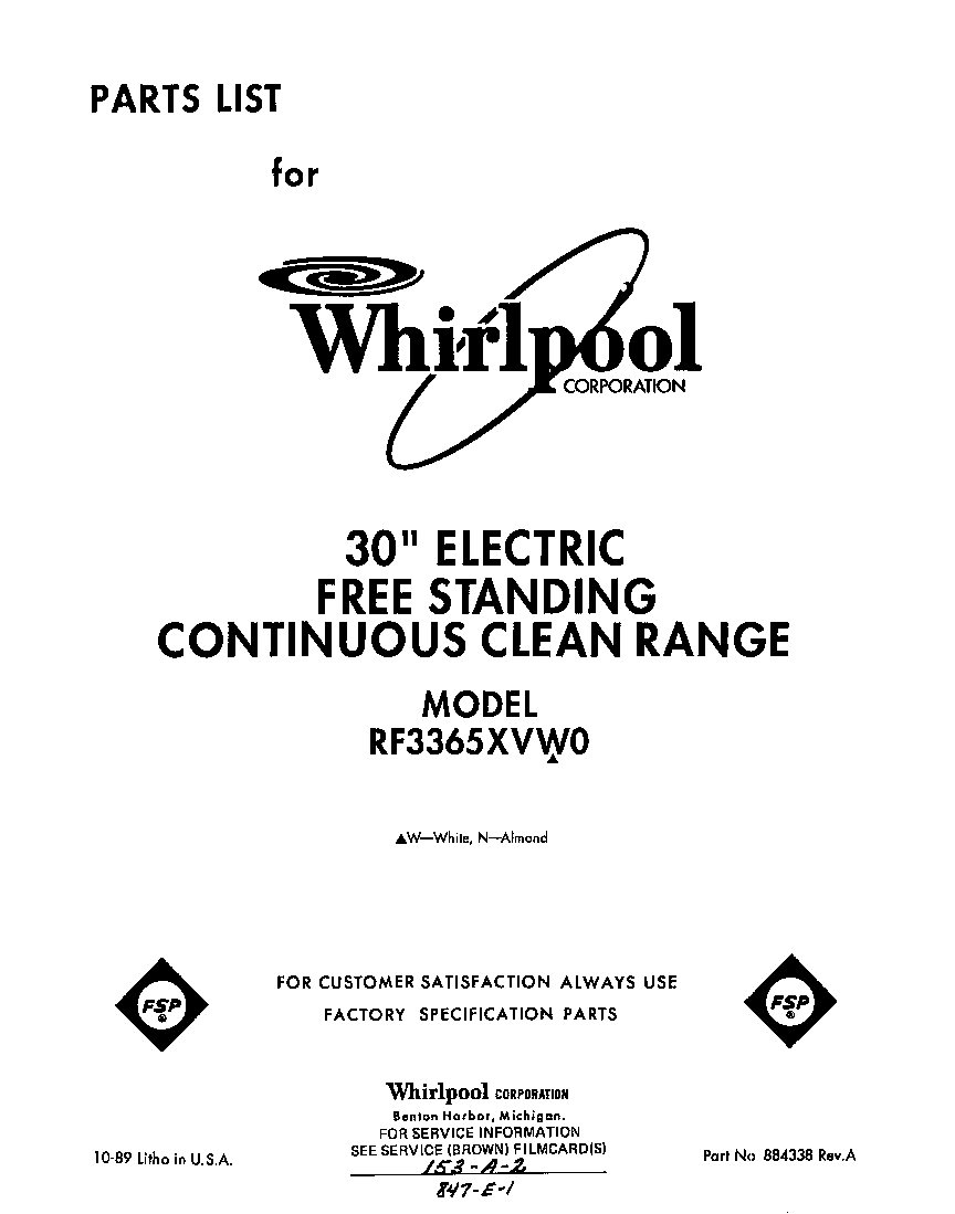 Whirlpool RF3365XVW0 front cover diagram