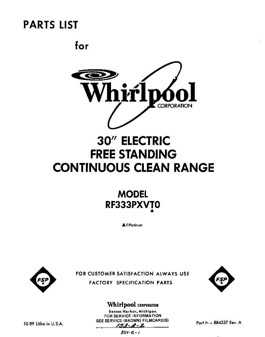 Whirlpool RF333PXVT0 front cover diagram