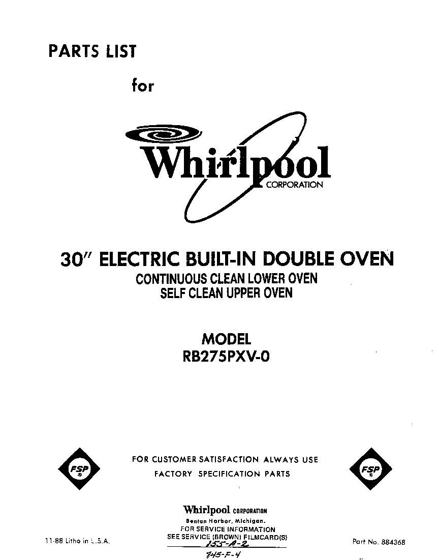 Whirlpool RB275PXV0 front cover diagram
