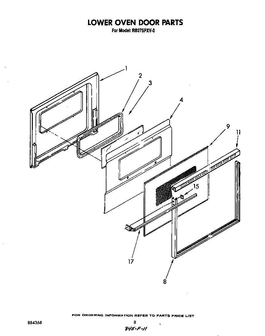 Whirlpool RB275PXV0 lower oven door diagram