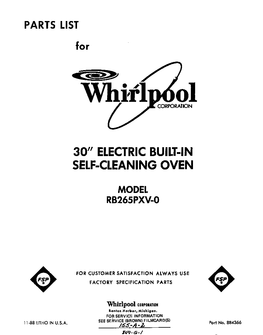 Whirlpool RB265PXV0 front cover diagram