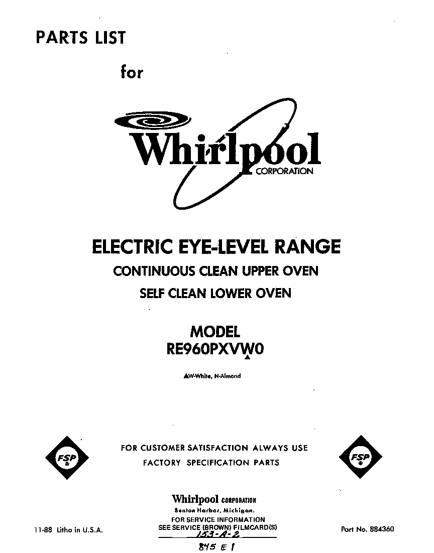 Whirlpool RE960PXVW0 front cover diagram