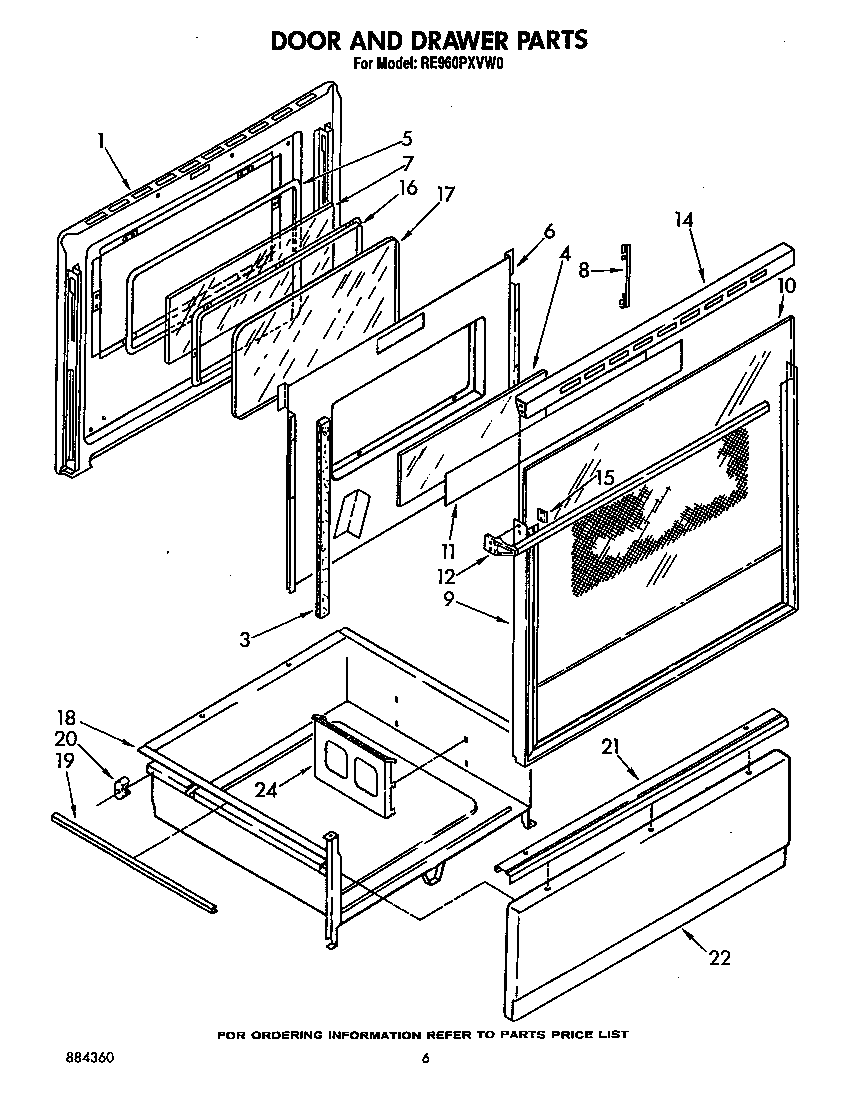 Whirlpool RE960PXVW0 door and drawer diagram