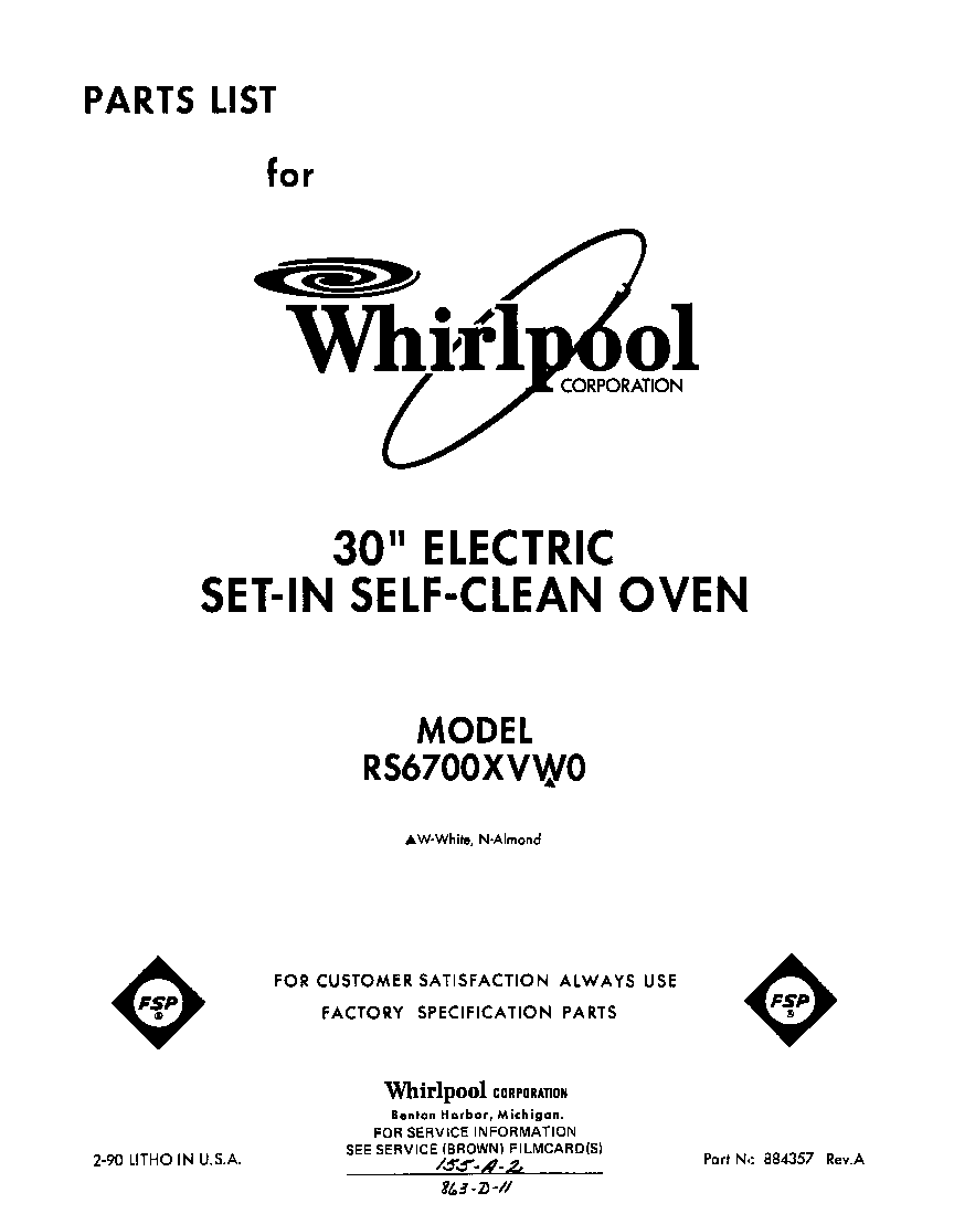 Whirlpool RS6700XVW0 front cover diagram