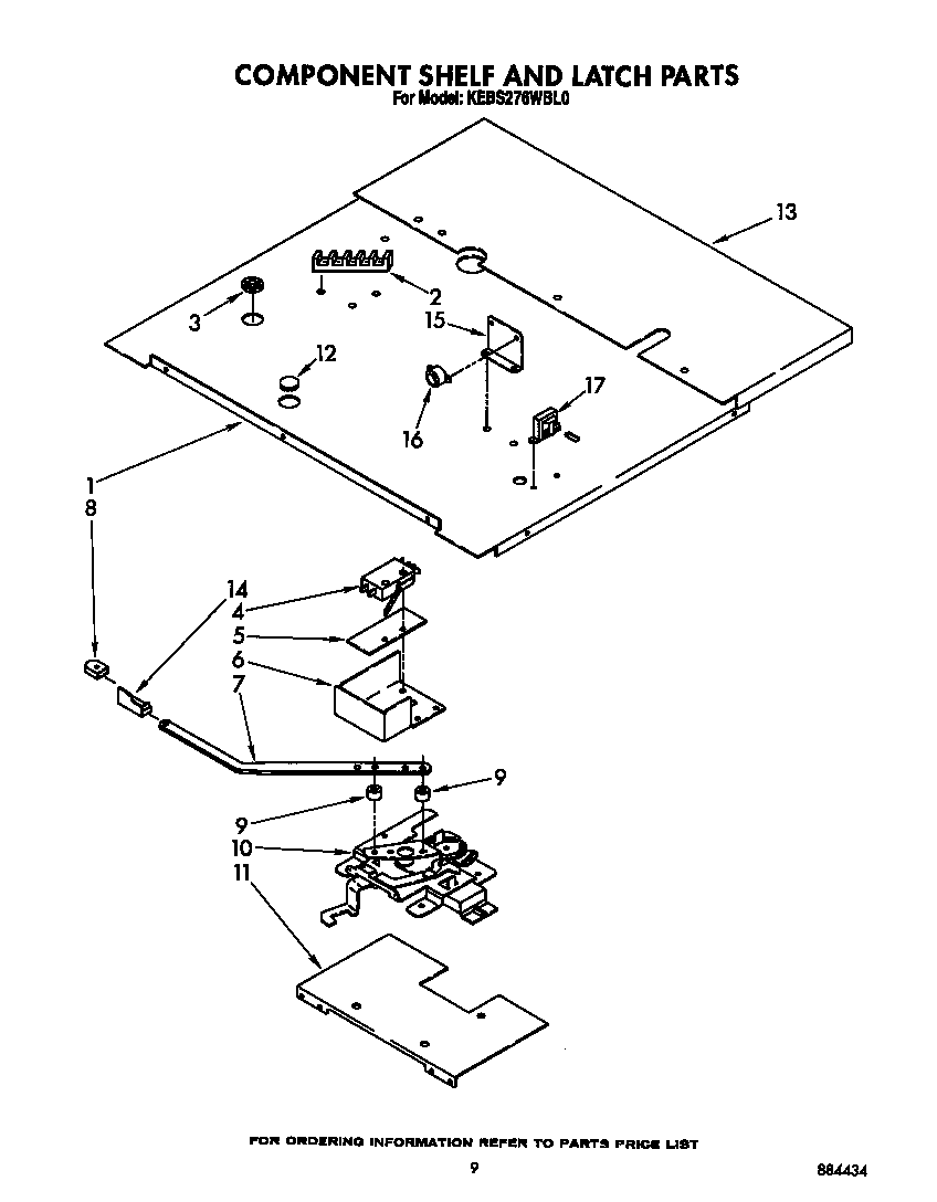 KitchenAid KEBS276WBL0 component shelf and latch diagram