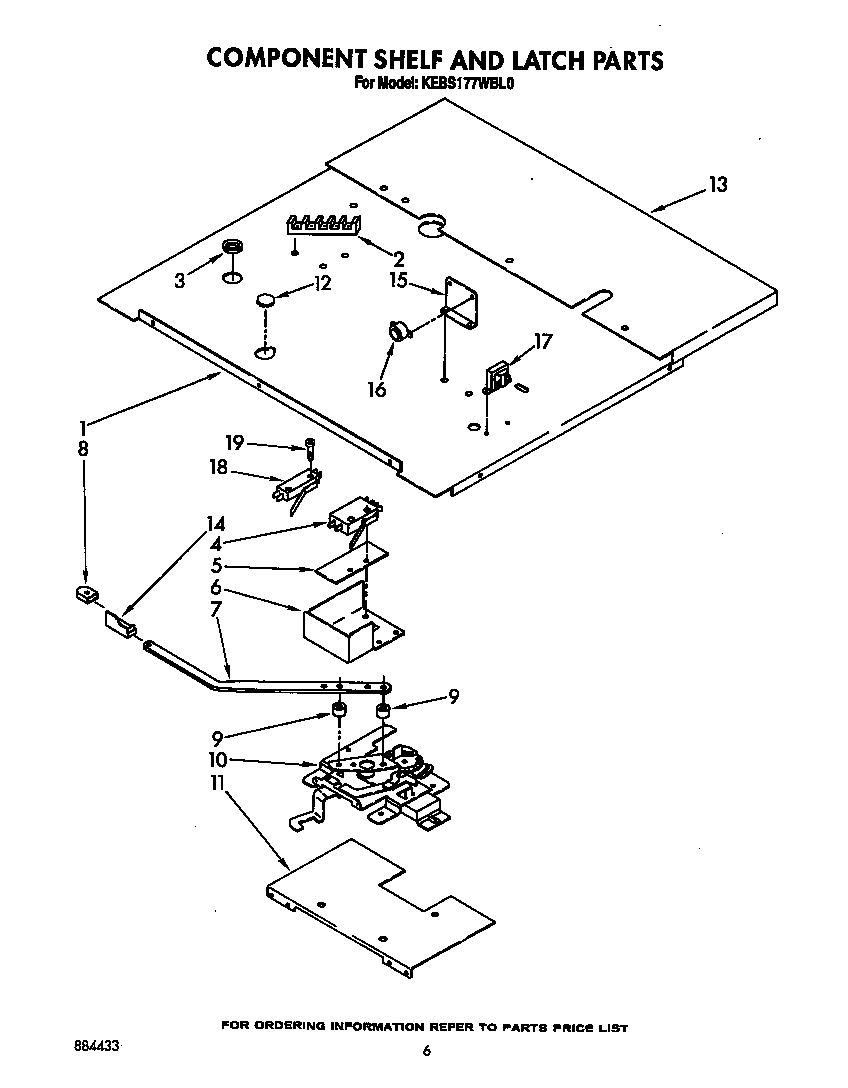 KitchenAid KEBS177WWH0 component shelf and latch diagram