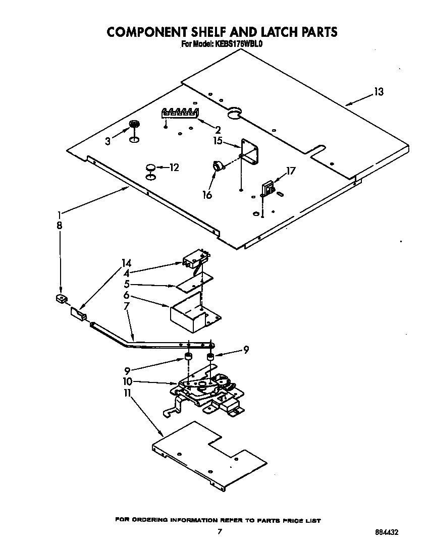 KitchenAid KEBS176WBL0 component shelf and latch diagram