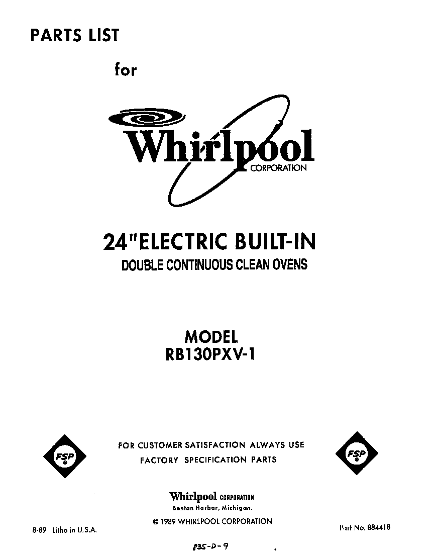 Whirlpool RB130PXV1 front cover diagram