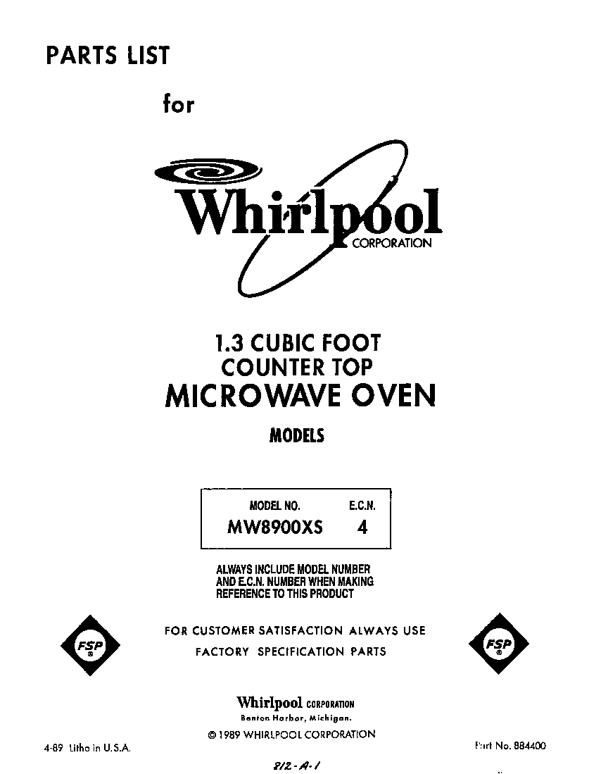 Whirlpool MW8900XS4 front cover diagram