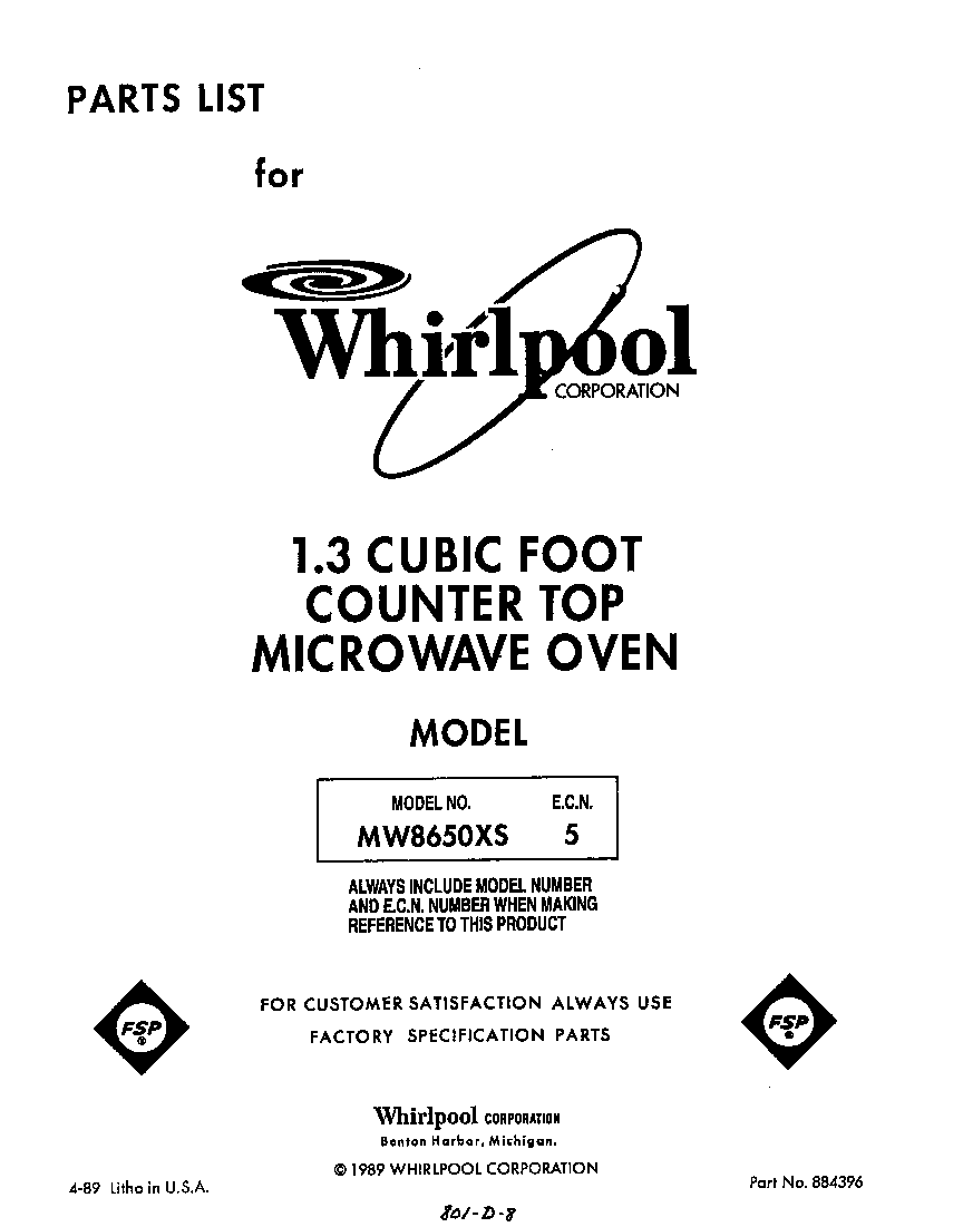 Whirlpool MW8650XS5 front cover diagram