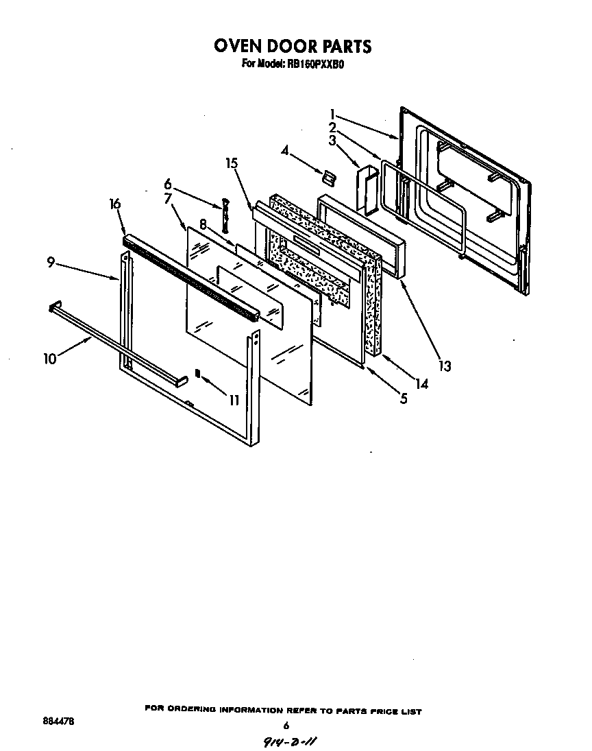 Whirlpool RB160PXXB0 oven door diagram
