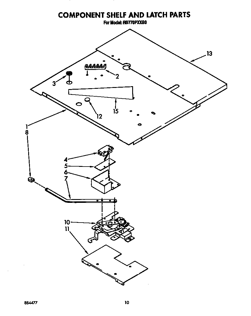 Whirlpool RB770PXXB0 component shelf and latch diagram
