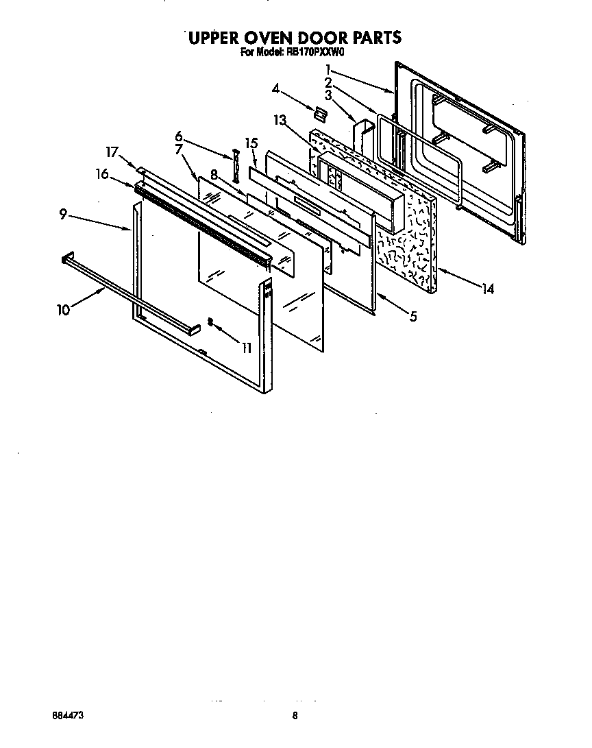 Whirlpool RB170PXXW0 upper oven door diagram