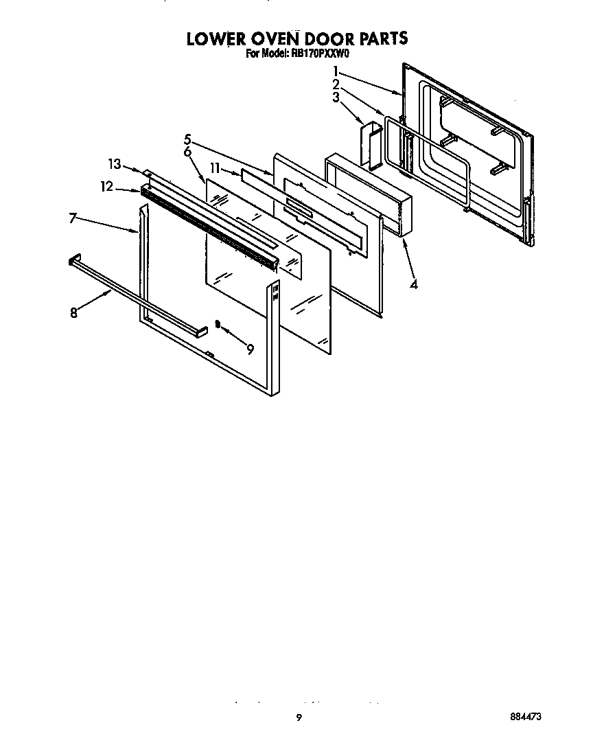 Whirlpool RB170PXXW0 lower oven door diagram