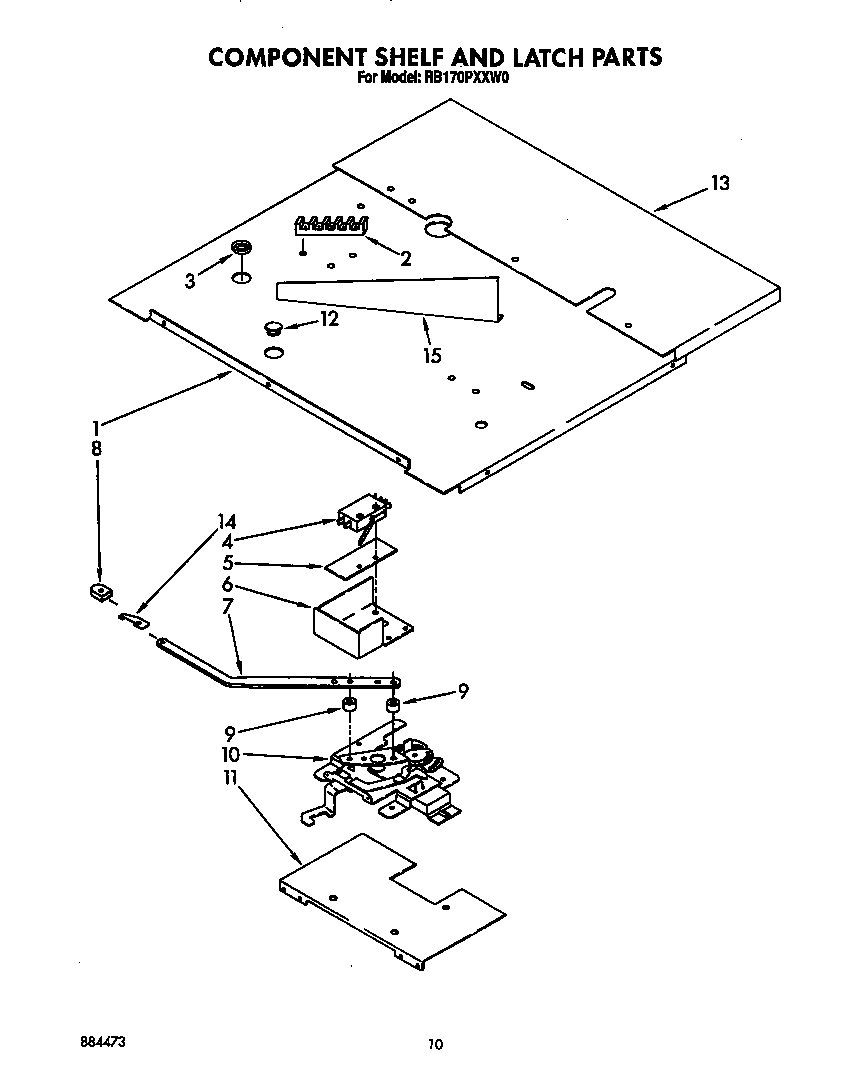 Whirlpool RB170PXXW0 component shelf and latch diagram