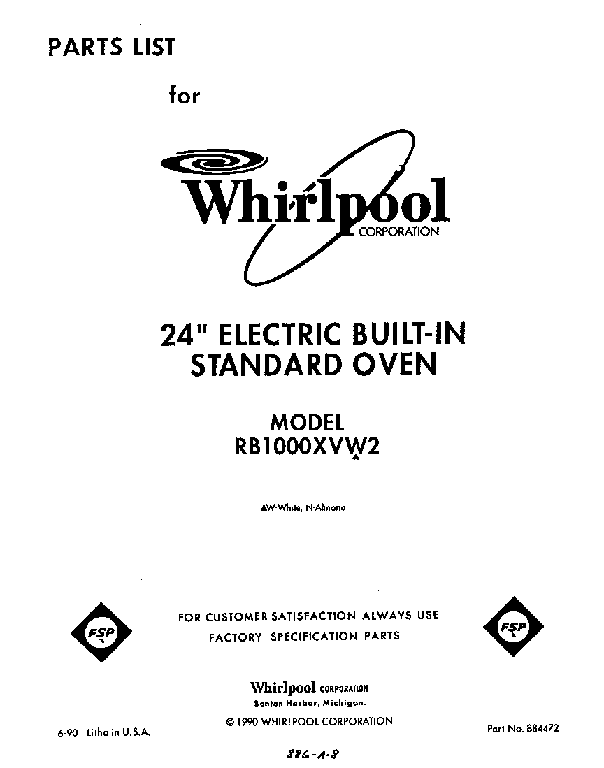 Whirlpool RB1000XVW2 front cover diagram