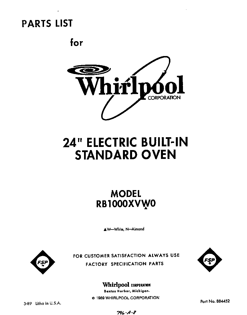 Whirlpool RB1000XVW0 front cover diagram