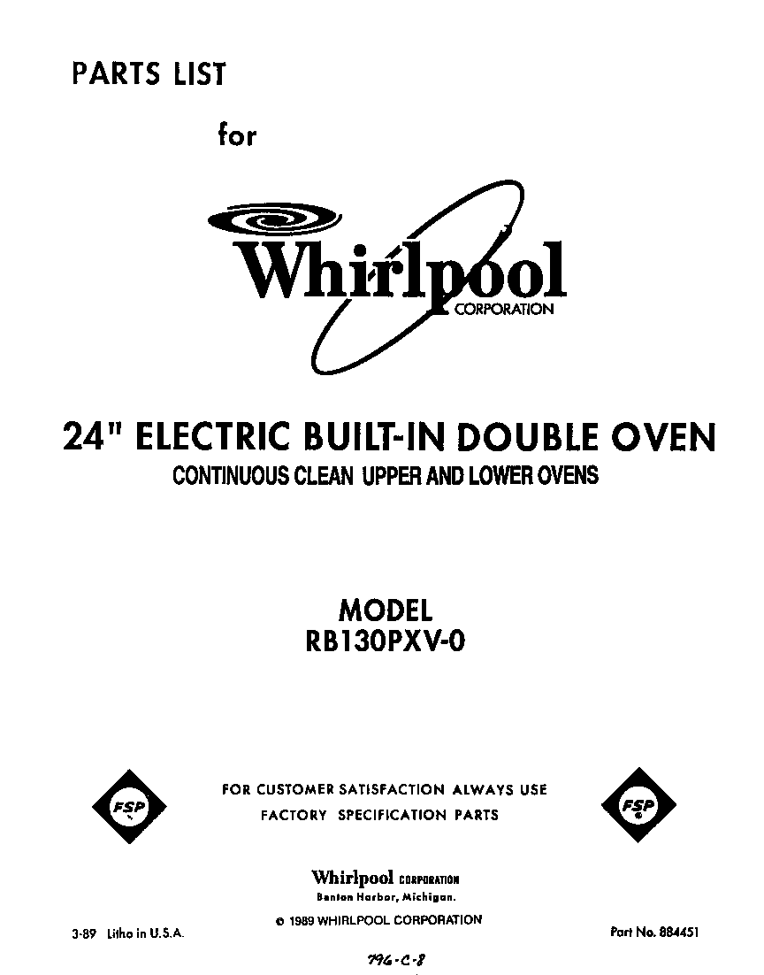Whirlpool RB130PXV0 front cover diagram