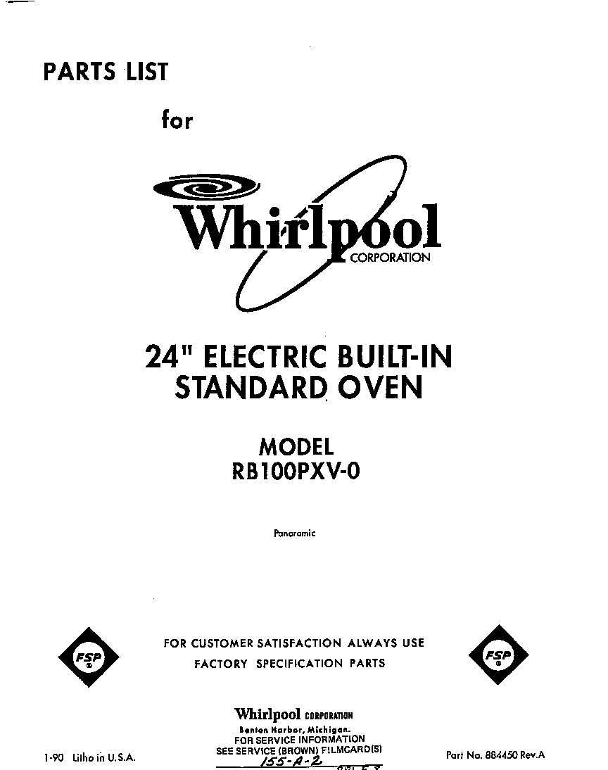 Whirlpool RB100PXV0 front cover diagram