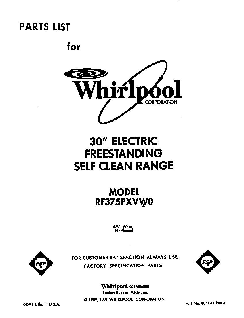 Whirlpool RF375PXVW0 front cover diagram