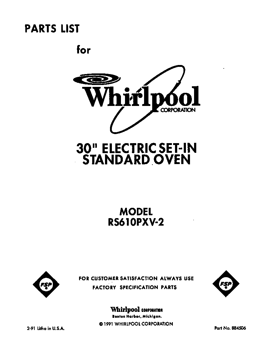Whirlpool RS610PXV2 front cover diagram