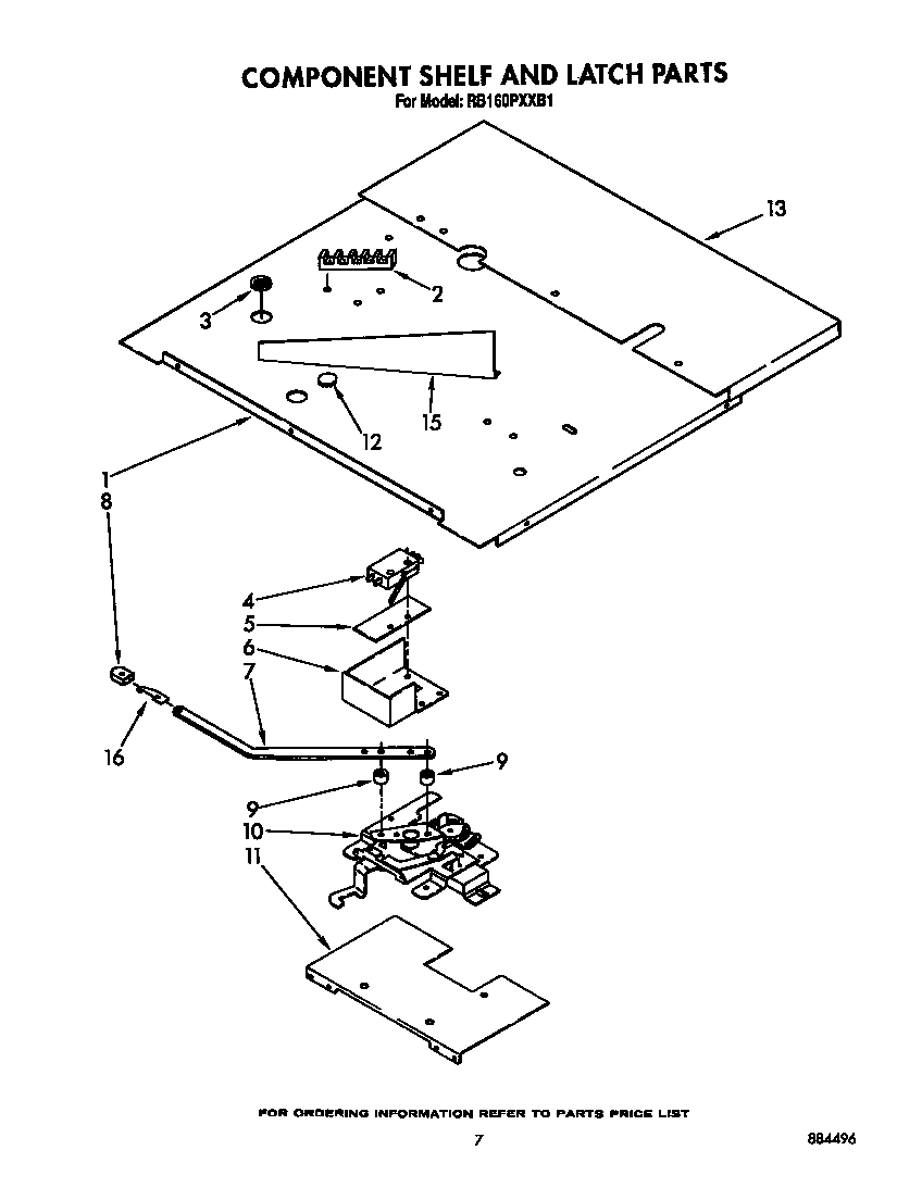 Whirlpool RB160PXXB1 component shelf and latch diagram