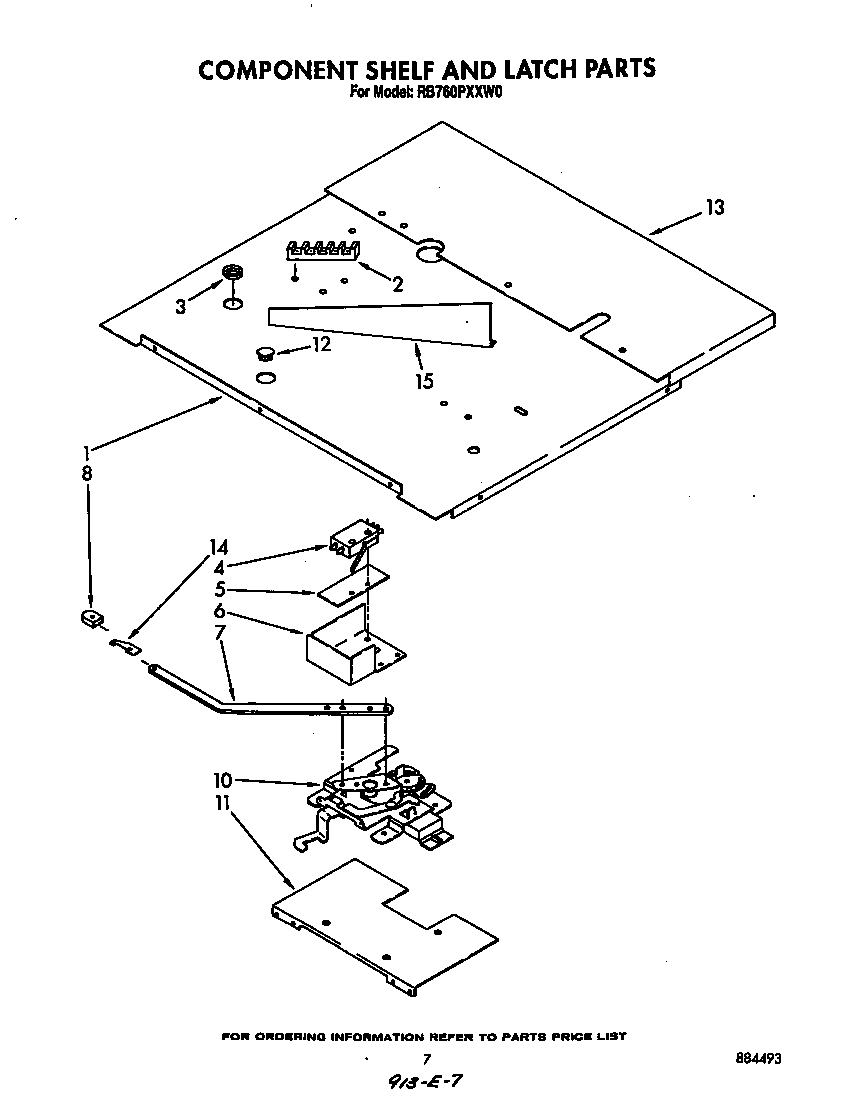 Whirlpool RB760PXXW0 component shelf and latch diagram