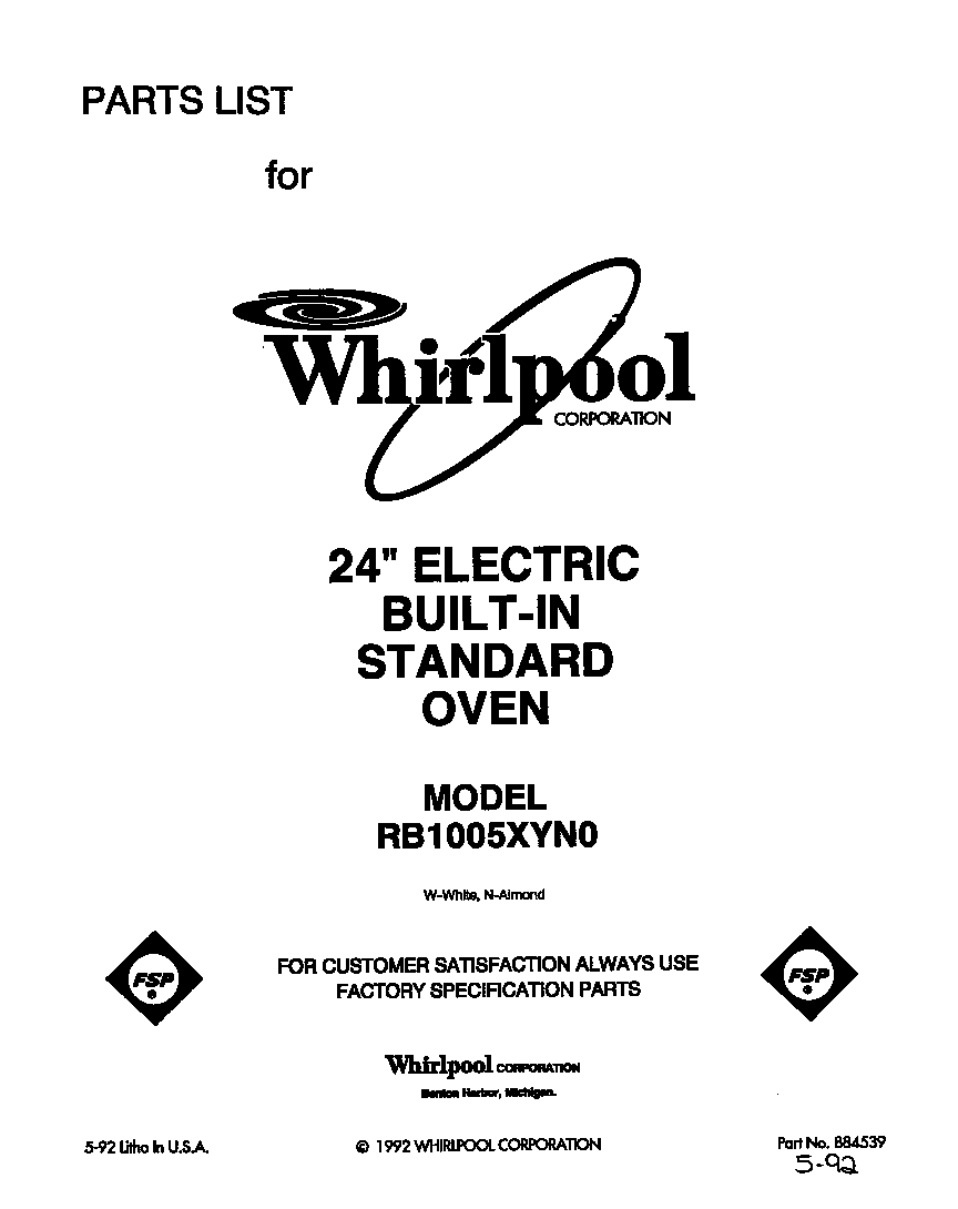 Whirlpool RB1005XYW0 front cover diagram
