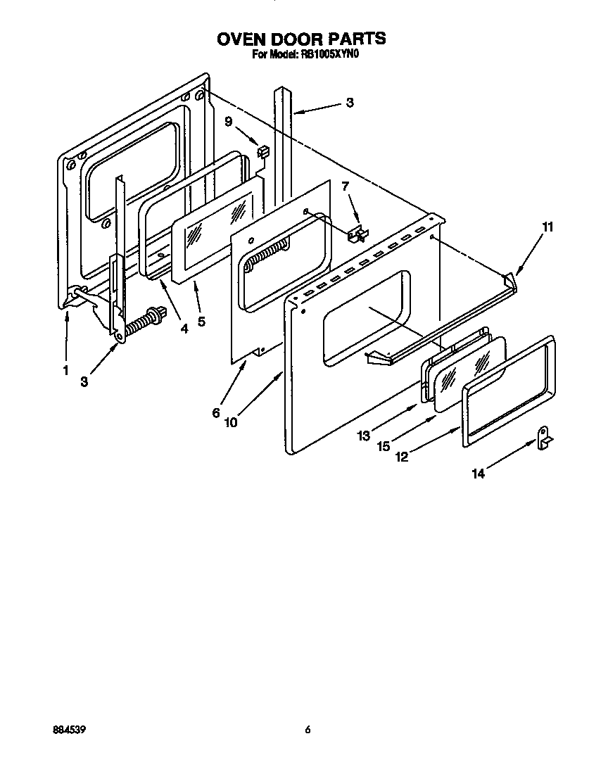 Whirlpool RB1005XYW0 oven door diagram