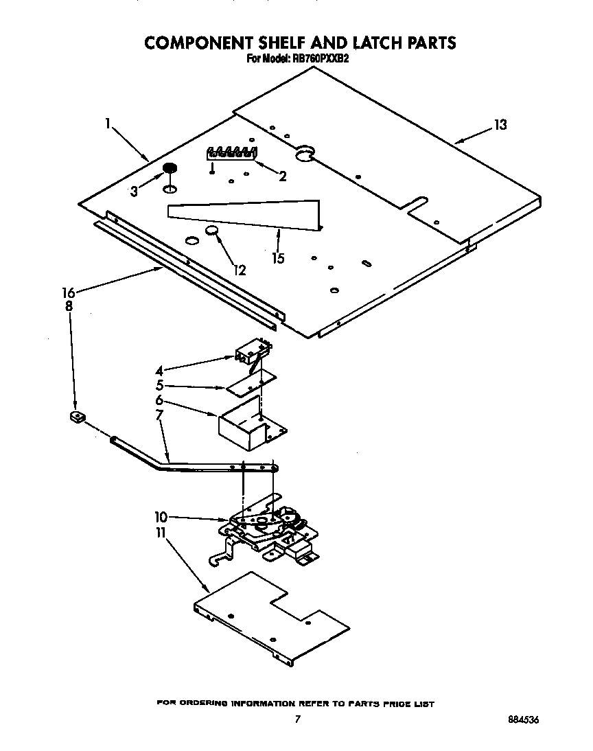 Whirlpool RB760PXXB2 component shelf and latch diagram