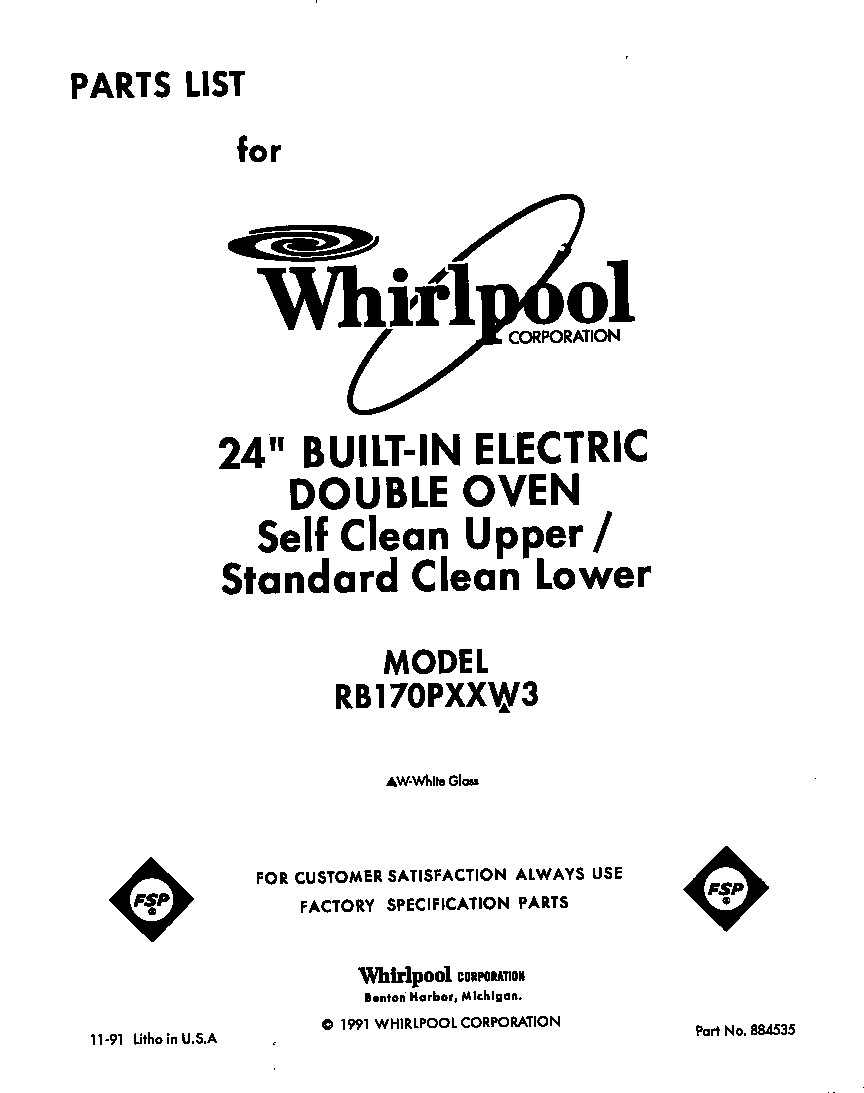 Whirlpool RB170PXXW3 front cover diagram