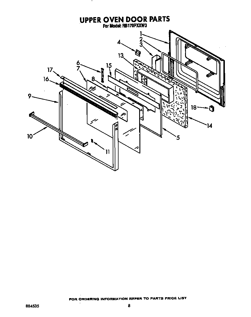 Whirlpool RB170PXXW3 upper oven door diagram