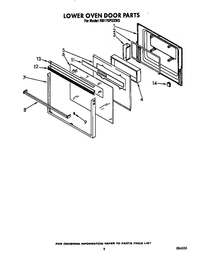 Whirlpool RB170PXXW3 lower oven door diagram