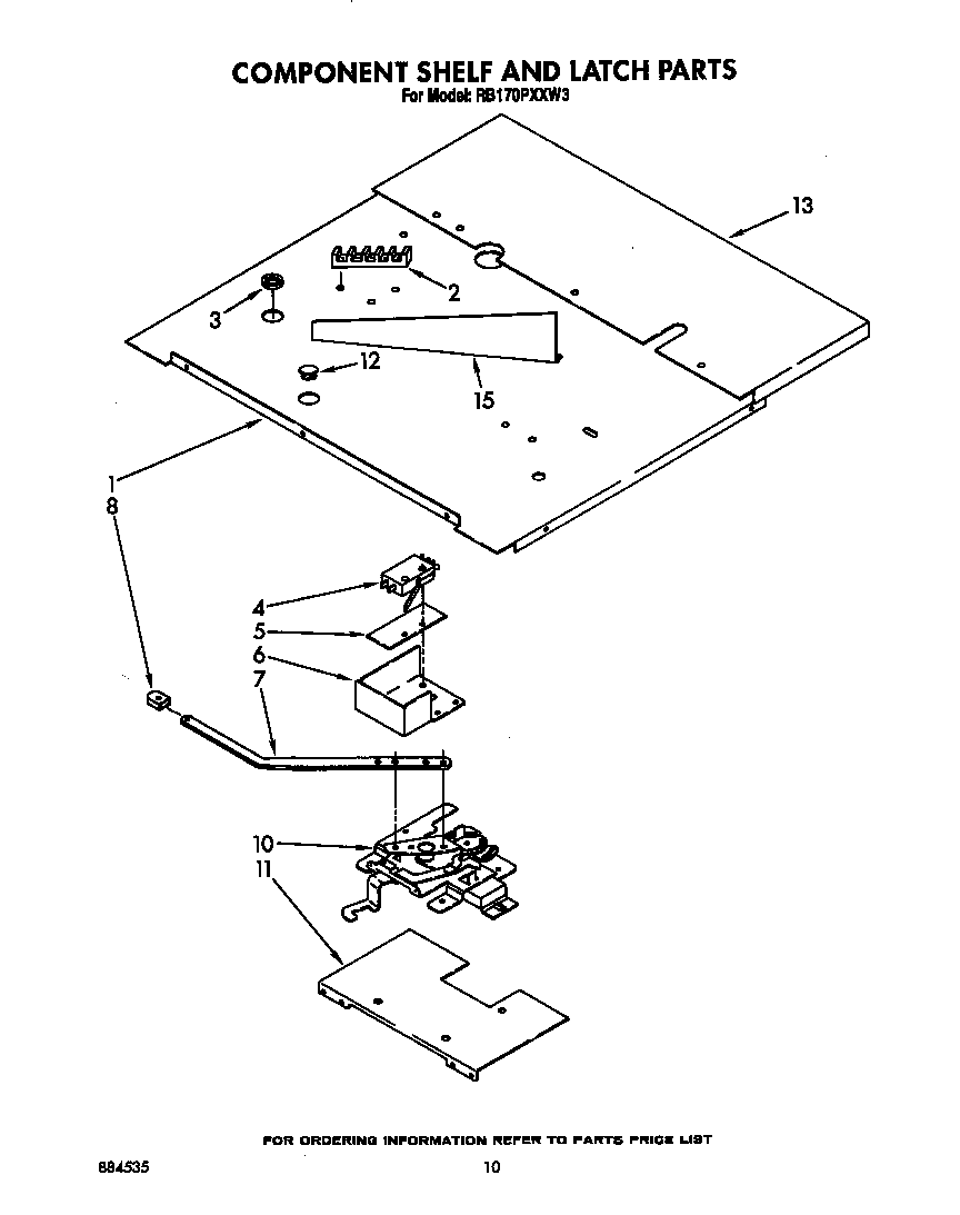 Whirlpool RB170PXXW3 component shelf and latch diagram