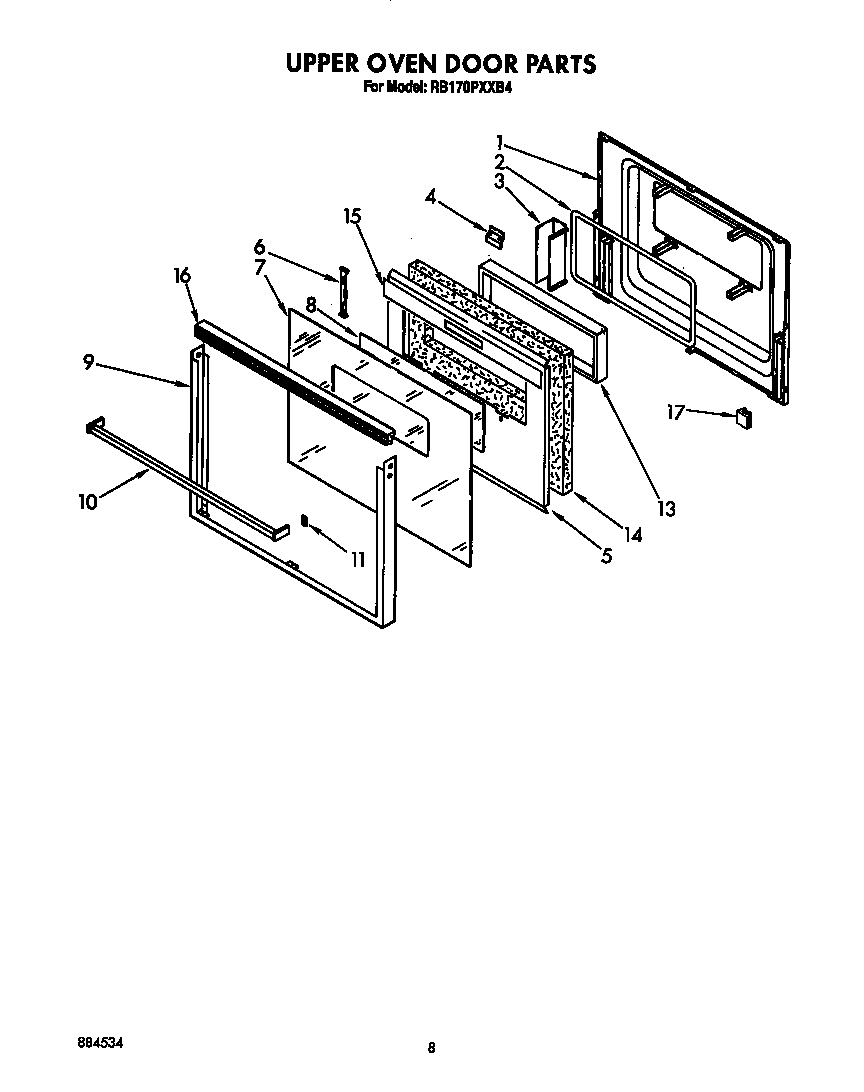Whirlpool RB170PXXB4 upper oven door diagram