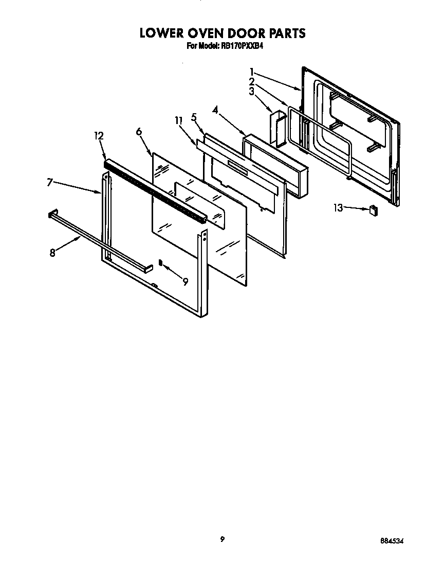 Whirlpool RB170PXXB4 lower oven door diagram