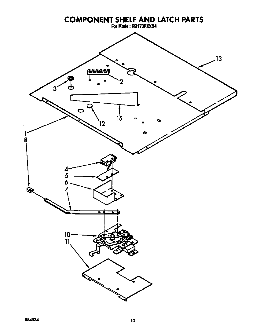 Whirlpool RB170PXXB4 component shelf and latch diagram