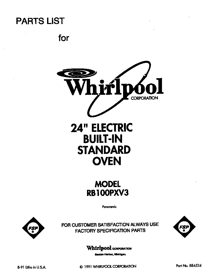 Whirlpool RB100PXV3 front cover diagram