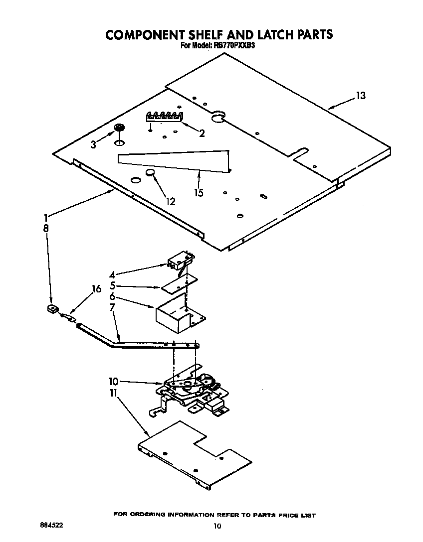 Whirlpool RB770PXXB3 component shelf and latch diagram