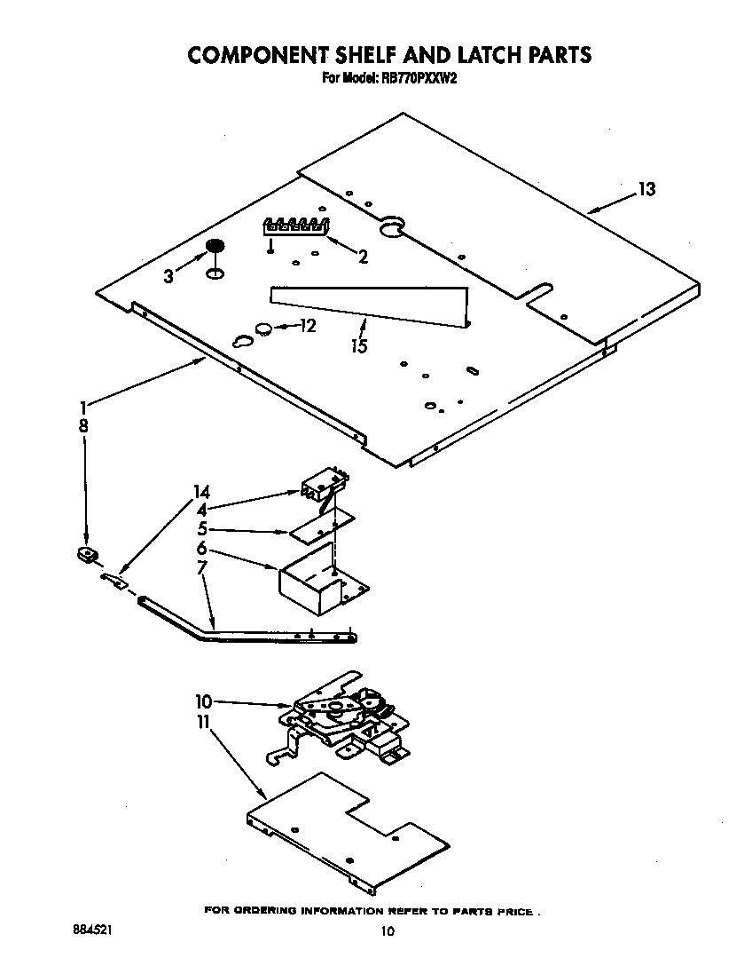 Whirlpool RB770PXXW2 component shelf and latch diagram