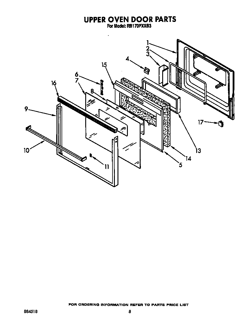 Whirlpool RB170PXXB3 upper oven door diagram
