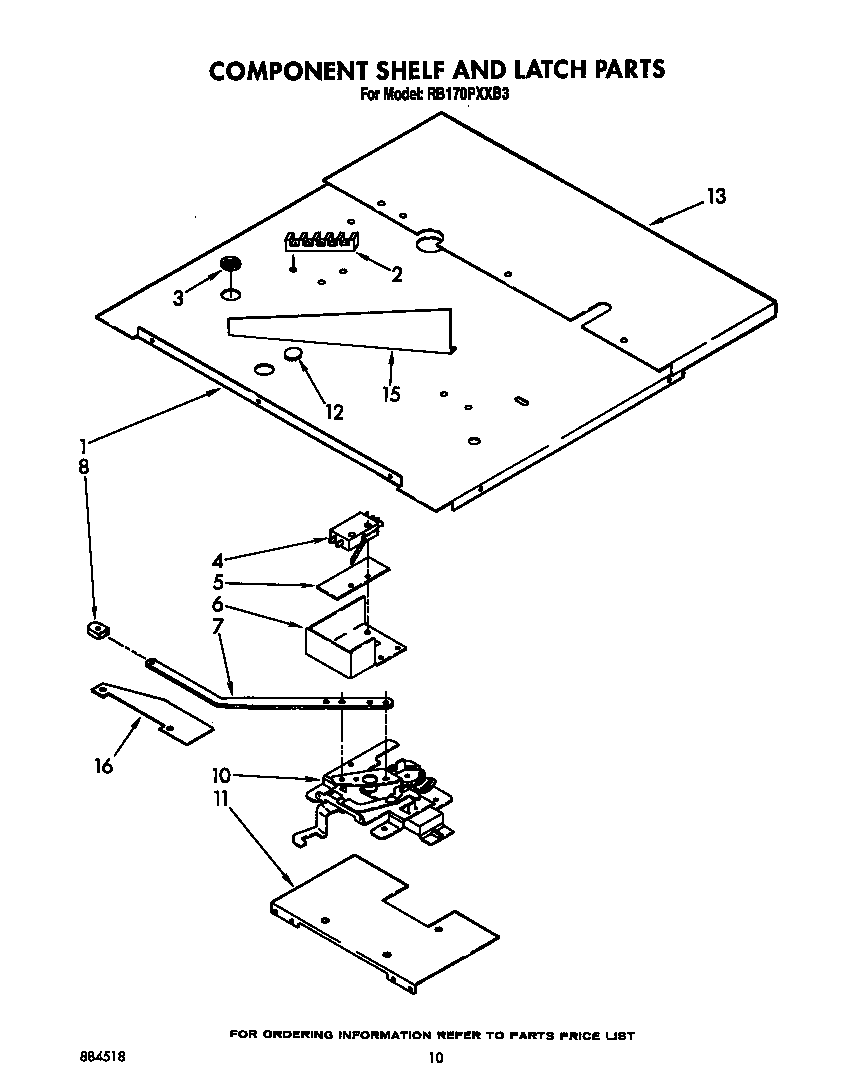 Whirlpool RB170PXXB3 component shelf and latch diagram