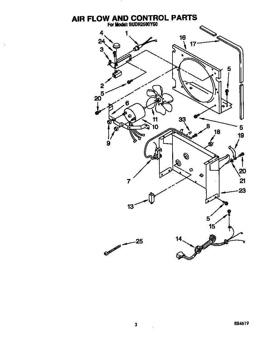 Whirlpool BUDH2500YS0 air flow and control parts diagram