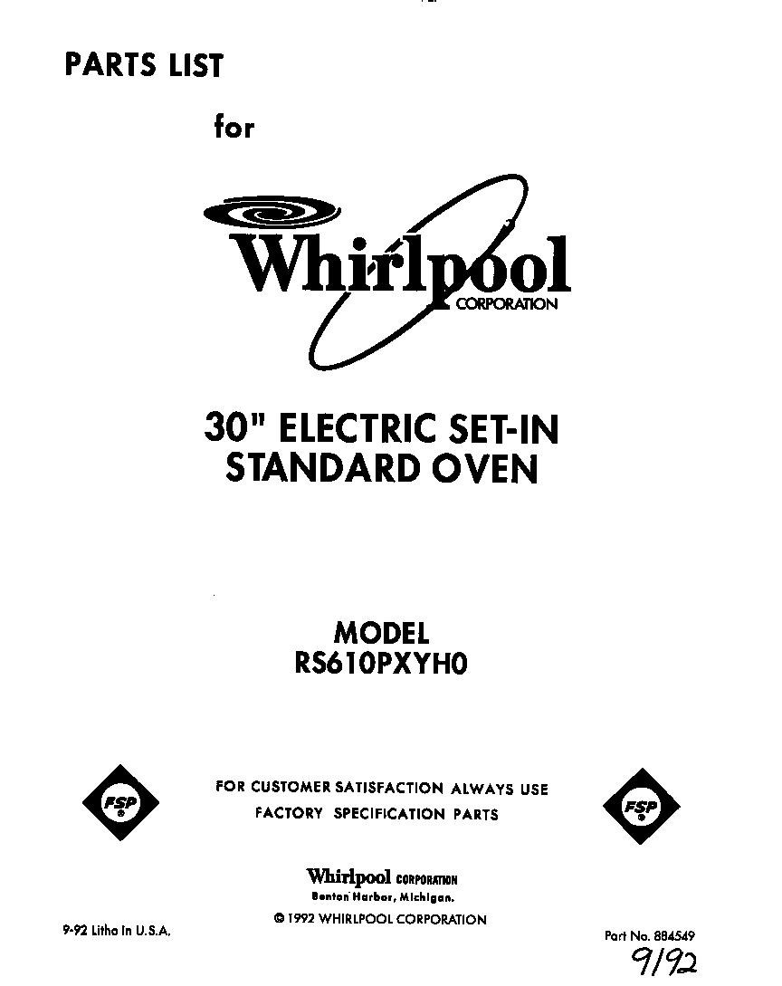 Whirlpool RS610PXYH0 front cover diagram