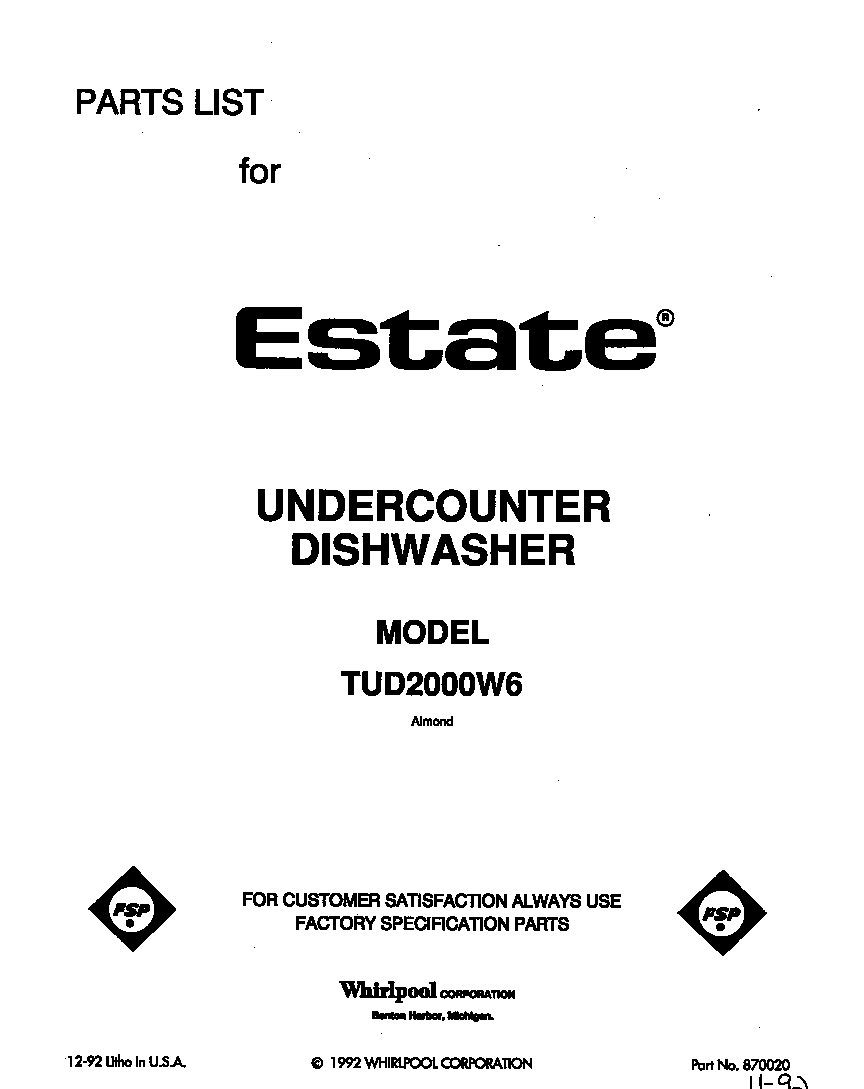 Whirlpool TUD2000W6 front cover diagram