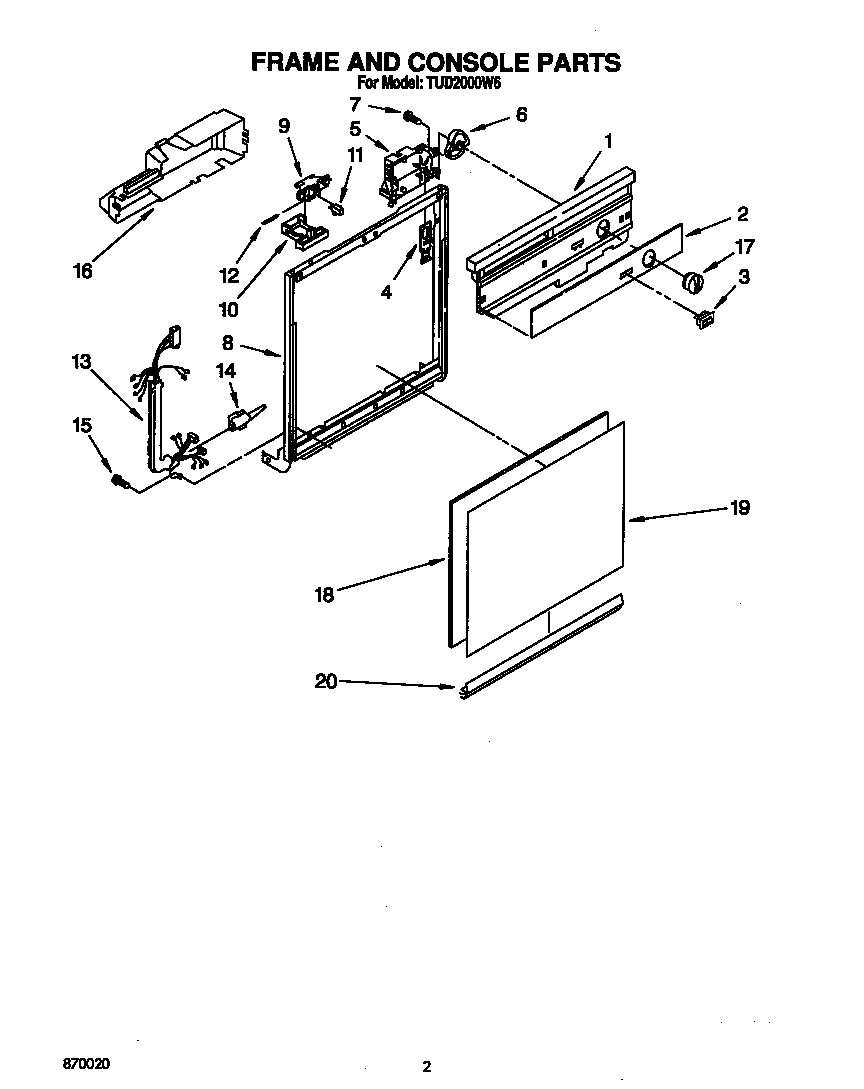 Whirlpool TUD2000W6 frame and console diagram