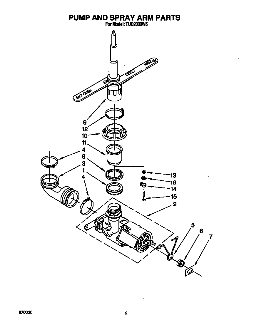 Whirlpool TUD2000W6 pump and spray arm diagram